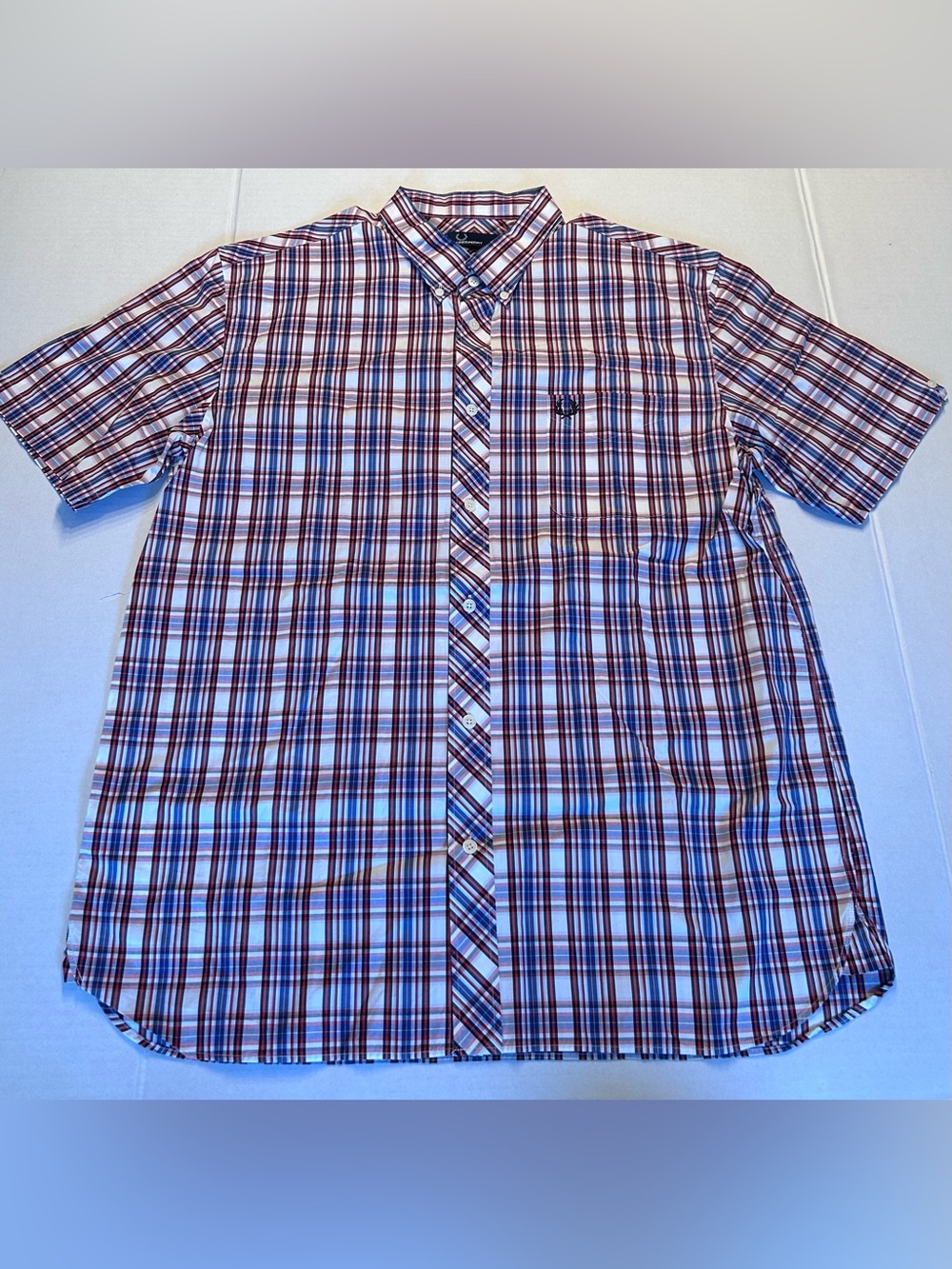 Fred Perry men's short-sleeve button-up Shirt Red White Blue Plaid Size XL